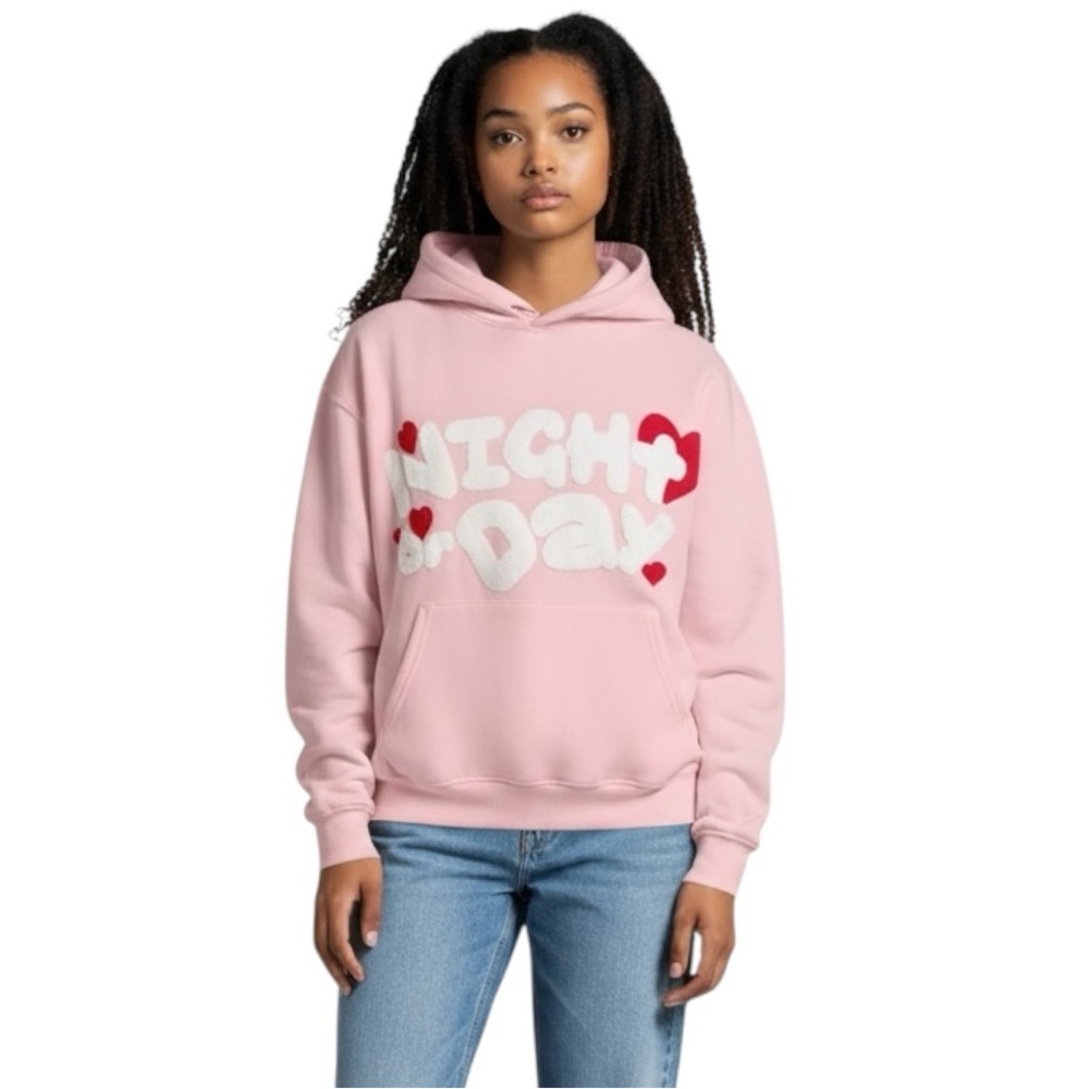 NWT NIGHT OR DAY Pink Puffy Logo Hearts & Clouds Hoodie Sweatshirt Size Large